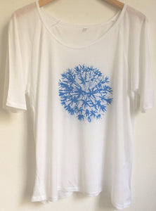 Allium flower Womens white summer Tencel top bright blue flowery print