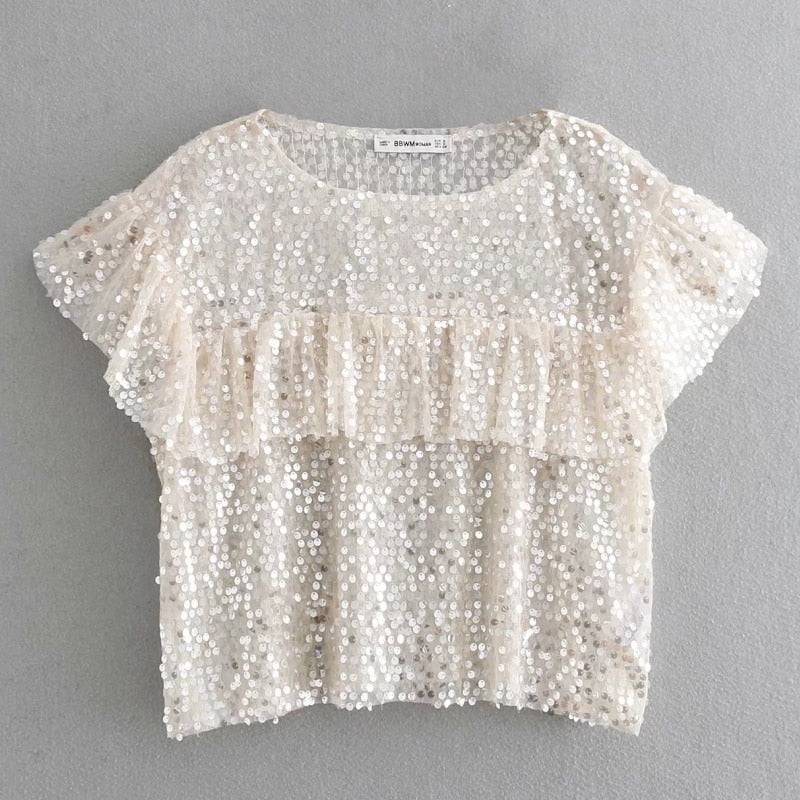 Cascading Ruffle Sequin Decoration Loose Smock Women Shirt Casual Sleeveless Blouse Fashion Tops