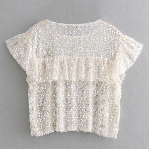 Cascading Ruffle Sequin Decoration Loose Smock Women Shirt Casual Sleeveless Blouse Fashion Tops