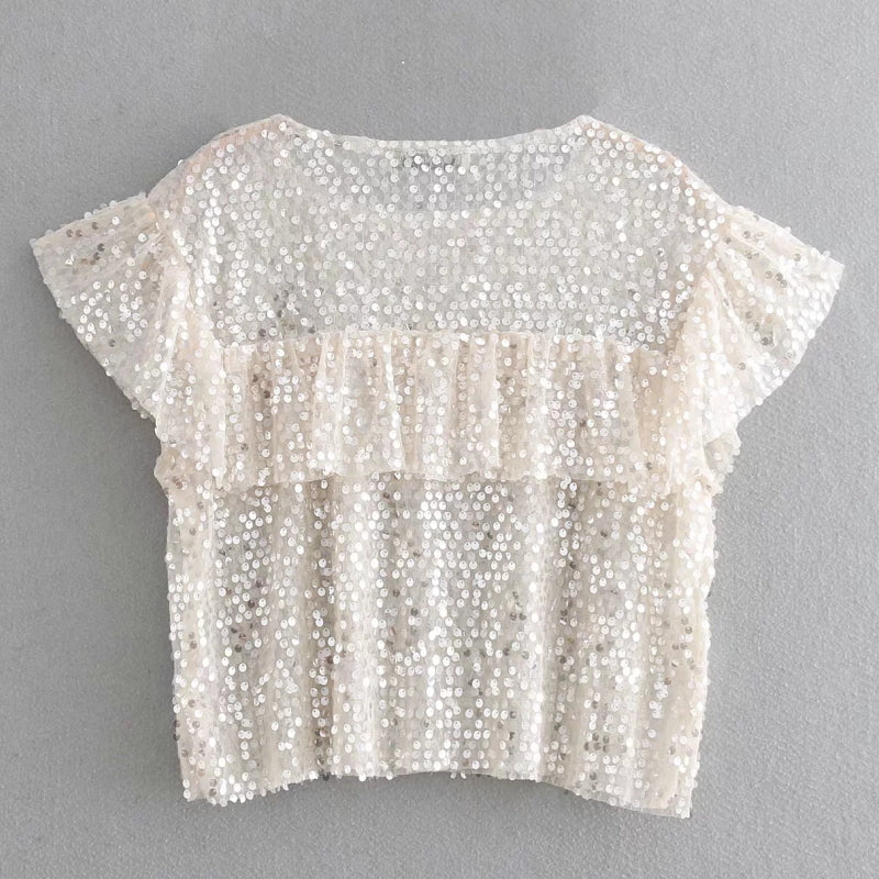 Cascading Ruffle Sequin Decoration Loose Smock Women Shirt Casual Sleeveless Blouse Fashion Tops