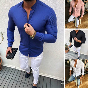 2019 New Style Hot Luxury Men's Casual Shirt Slim Fit Solid Button Cotton Long Sleeve Formal Tops