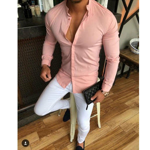 2019 New Style Hot Luxury Men's Casual Shirt Slim Fit Solid Button Cotton Long Sleeve Formal Tops