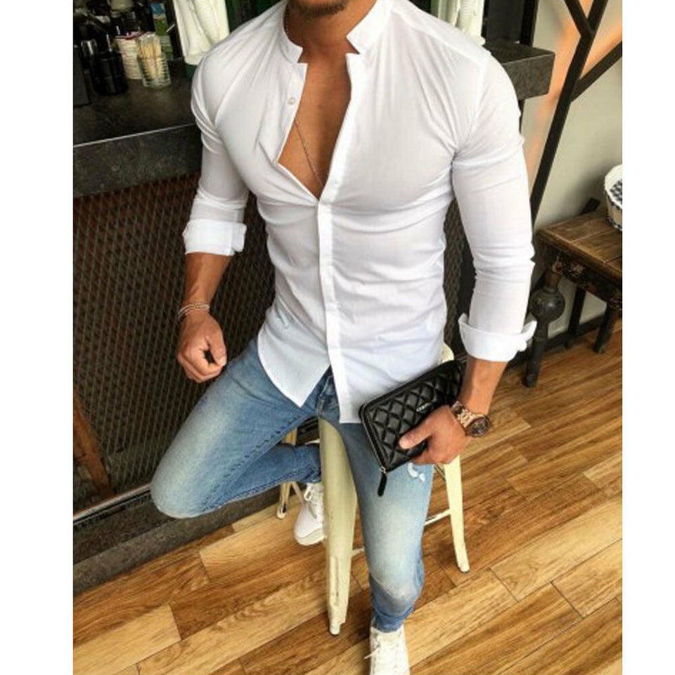 2019 New Style Hot Luxury Men's Casual Shirt Slim Fit Solid Button Cotton Long Sleeve Formal Tops