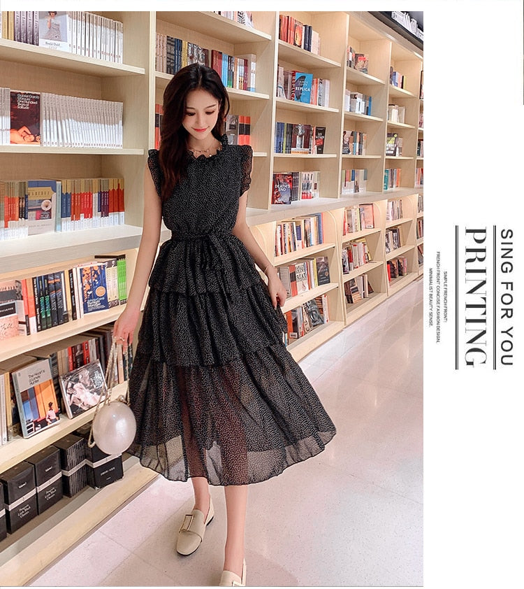 LLZACOOSH 2019 High quality women sleeveless summer Collect waist Dress Sexy black Ruffled white