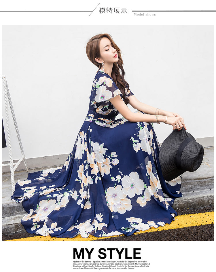 Bohemian Style S-5XL 2018 Summer New Arrival Collect Waist Flare Sleeve Flower Printed Woman Chiffon Long Dress