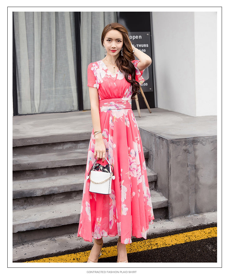 Bohemian Style S-5XL 2018 Summer New Arrival Collect Waist Flare Sleeve Flower Printed Woman Chiffon Long Dress