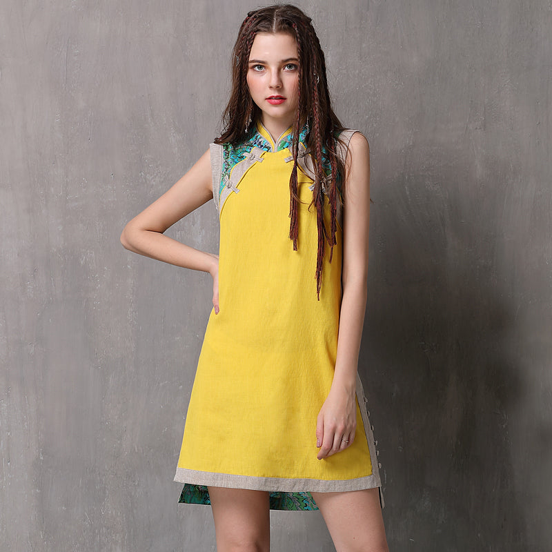 Women swear 2019 summer collection new button stitching cotton and hemp vest dress 6011