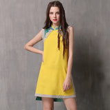 Women swear 2019 summer collection new button stitching cotton and hemp vest dress 6011