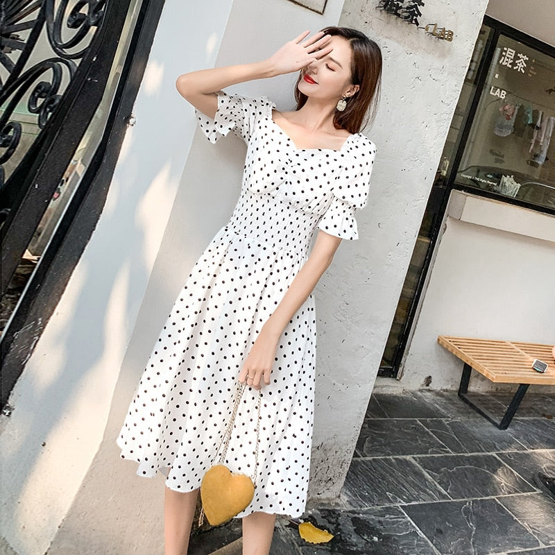 2019 summer collection new French wave point waist short sleeve a-line dress