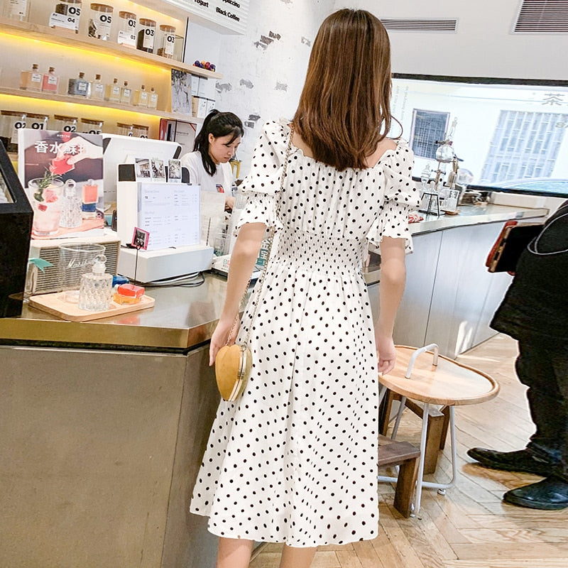 2019 summer collection new French wave point waist short sleeve a-line dress