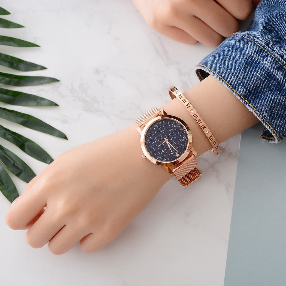 Lvpai Brand Luxury Starry Women Watches Steel Quartz Ladies Rose Bracelet Watch Casual Clock Lovers Girl Wristwatch