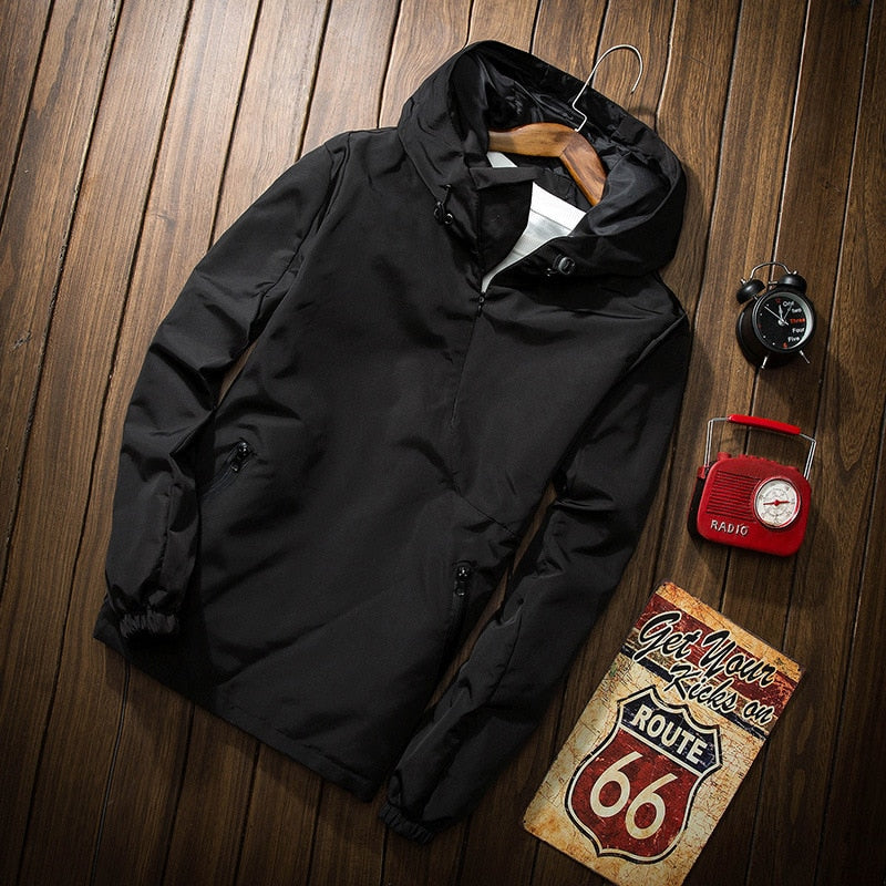 Casual Men Hoodies Autumn Solid Army Green Black Bomber Jacket Fashion Zipper Hooded Windbreaker