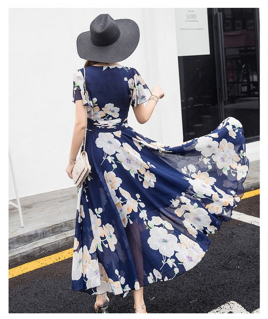 Bohemian Style S-5XL 2018 Summer New Arrival Collect Waist Flare Sleeve Flower Printed Woman Chiffon Long Dress