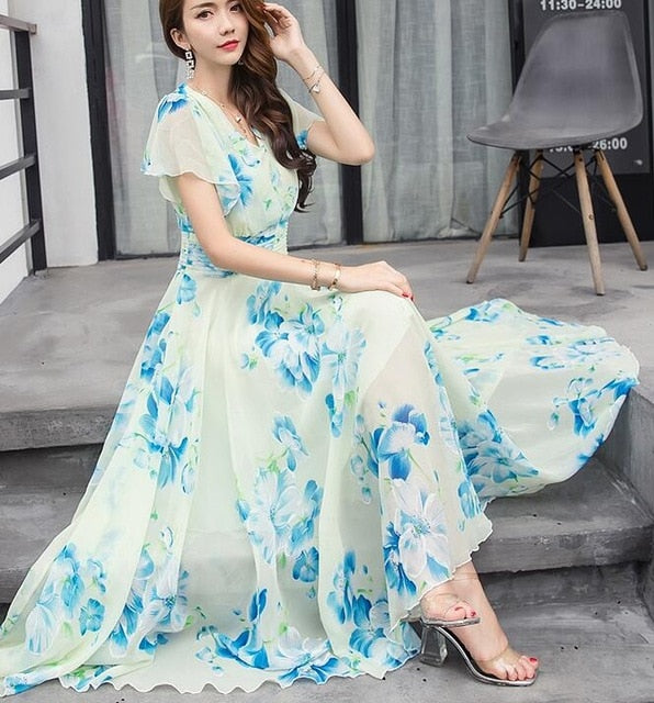 Bohemian Style S-5XL 2018 Summer New Arrival Collect Waist Flare Sleeve Flower Printed Woman Chiffon Long Dress