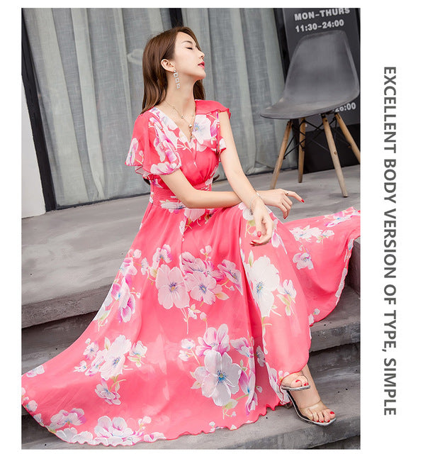 Bohemian Style S-5XL 2018 Summer New Arrival Collect Waist Flare Sleeve Flower Printed Woman Chiffon Long Dress