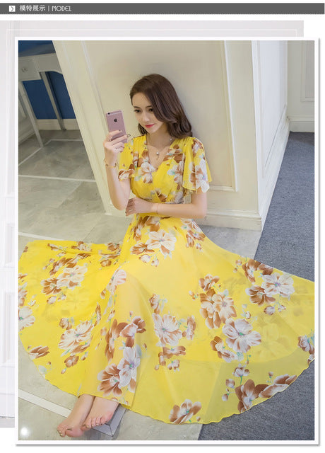 Bohemian Style S-5XL 2018 Summer New Arrival Collect Waist Flare Sleeve Flower Printed Woman Chiffon Long Dress