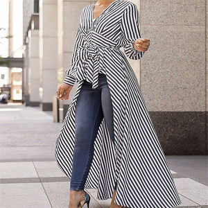 2019 New Spring Autumn Women Blouse Black Strips V-Neck Long Sleeve Work Shirts Women office Tops