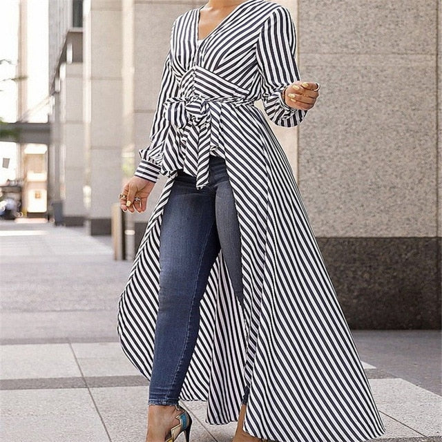 2019 New Spring Autumn Women Blouse Black Strips V-Neck Long Sleeve Work Shirts Women office Tops