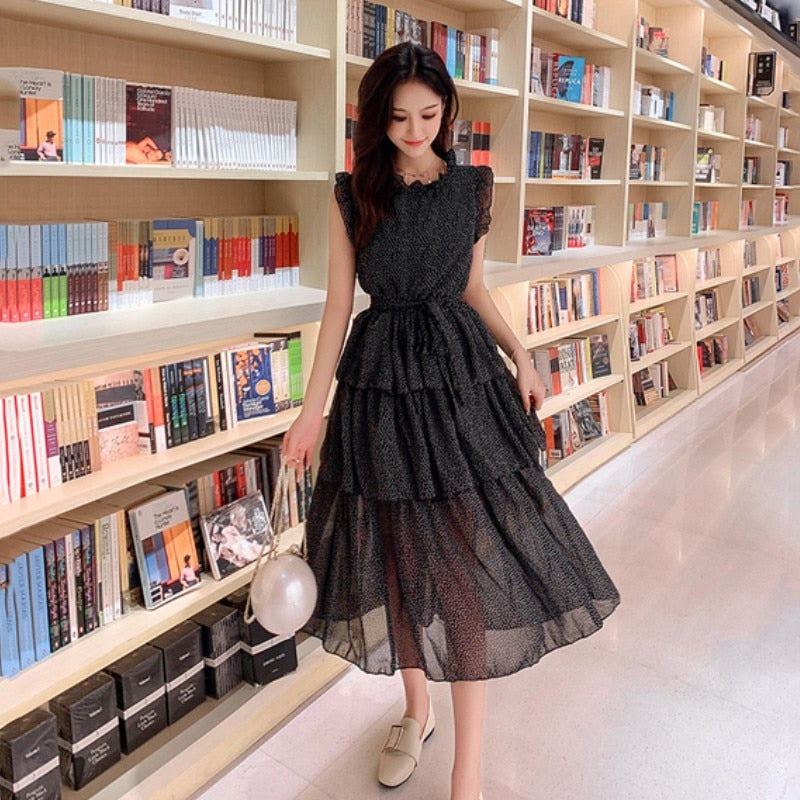 LLZACOOSH 2019 High quality women sleeveless summer Collect waist Dress Sexy black Ruffled white