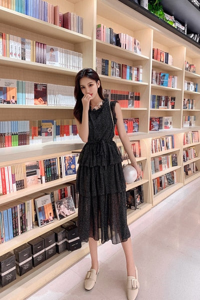 LLZACOOSH 2019 High quality women sleeveless summer Collect waist Dress Sexy black Ruffled white