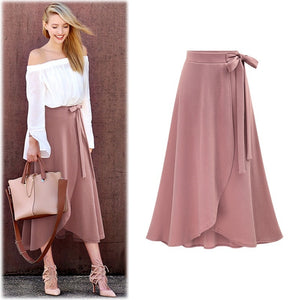 Chiffon Pink Ruffle Women's Long Skirt High Waist Bowtie Split Irregular Maxi Skirts  Spring  Office Clothes