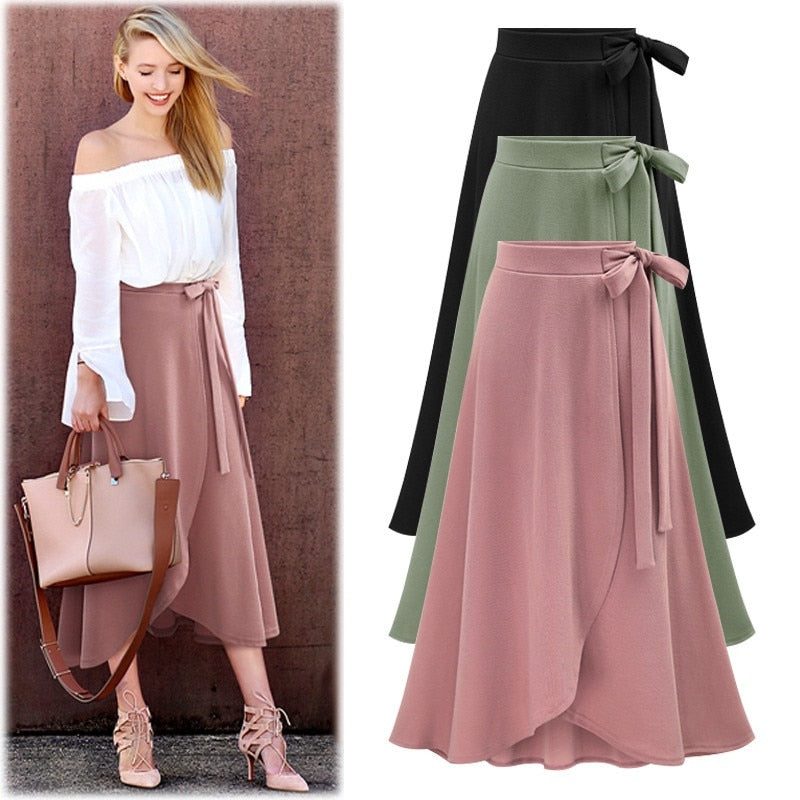 Chiffon Pink Ruffle Women's Long Skirt High Waist Bowtie Split Irregular Maxi Skirts  Spring  Office Clothes