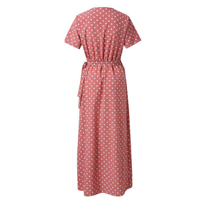 Women Sexy Pink Wave Point V-Neck Maxi Dress female Fork Opening Long Dress Belt Ladies sexy dress