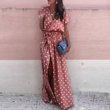 Women Sexy Pink Wave Point V-Neck Maxi Dress female Fork Opening Long Dress Belt Ladies sexy dress