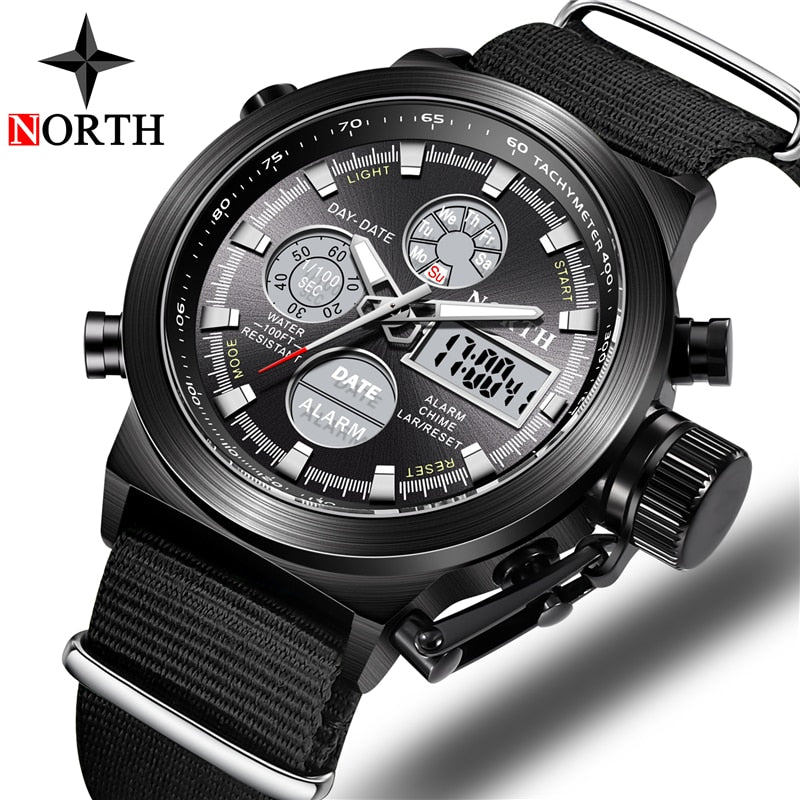 NORTH Sport Watch Men Military Quartz Watches For Men Analog LED Digital Leather Nylon Men Watches Casual Waterproof Wristwatch